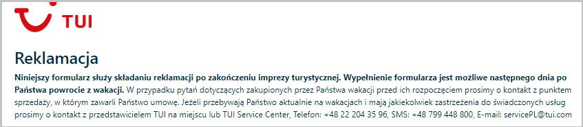 formularz reklamacyjny tui służy do składania reklamacji po zakończeniu wakacji informuje biuro podróży tui my sprawdzamy o czym nas nie informuje ten touroperator