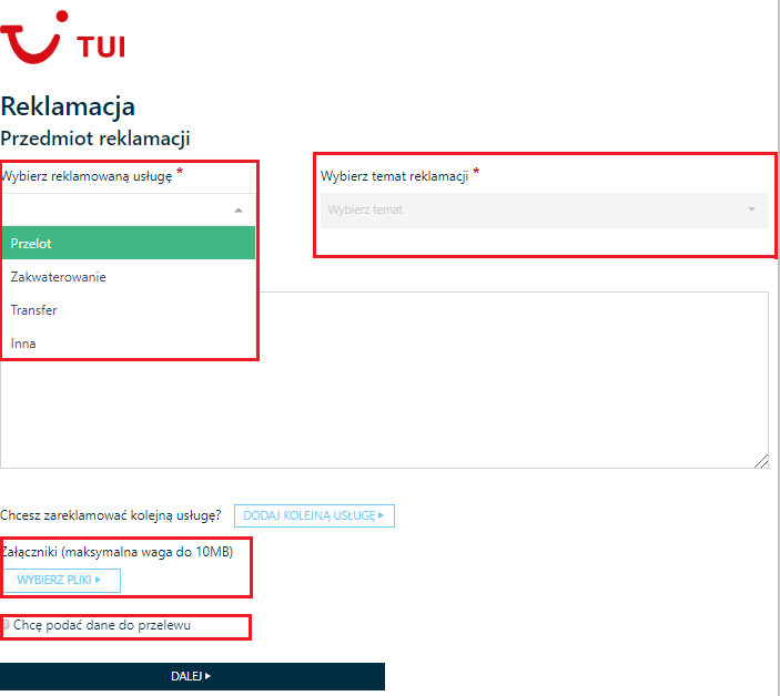 fragment formularza reklamacyjnego tui