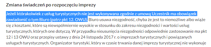 fragment owu rainbow tours pokazujący jak nieczytelny jest zapis regulaminu na stronie tego touroperatora