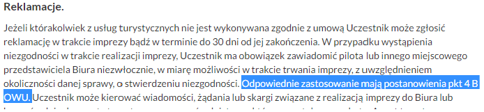 fragment regulaminu biura podróży rainbow tours pokazujący błąd w postaci braku numeracji