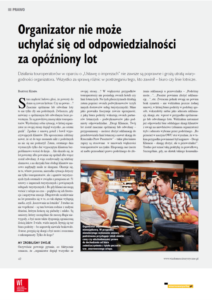 artykuł bartosza kempy dla miesięcznika wiadomości turystycznych o uchylaniu się biur podróży od odpowiedzialności za opóźniony lot strona 1