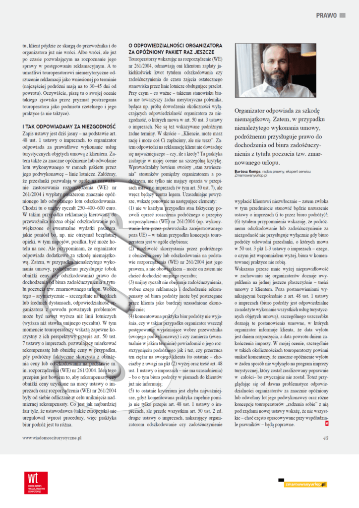 artykuł bartosza kempy dla miesięcznika wiadomości turystycznych o uchylaniu się biur podróży od odpowiedzialności za opóźniony lot strona 2