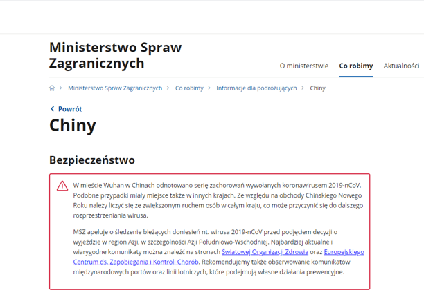 fragment ostrzeżenia ministerstwa spraw zagranicznych mówiący o odnotowanych przypadkach zachorowania na koronawirusa w chinach w mieście wuhan