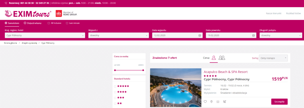 zrzyt ekranu pokazujący że hotel acapulco resort jest nadal w ofercie biura podróży exim tours