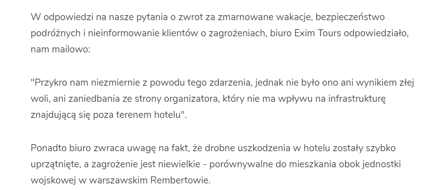 fragment odpowiedzi rzeczniczki exim tours po eksplozji w hotelu acapulco resort