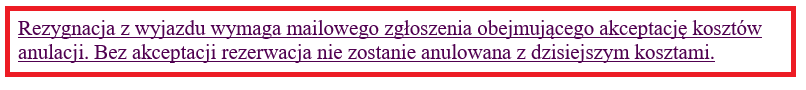 fragment maila od wakacje.pl do klienta na temat warunków rezygnacji z wycieczki pod warunkiem zaakceptowania kosztów anulacji będący ilustracją wpisu blogowego dotyczącego możliwości odstąpienia od umowy z touroperatorem