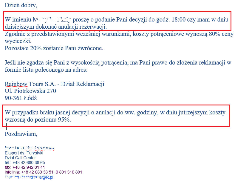 fragment maila biura podróży rainbow tours do klienta z informacją o konieczności podjęcia decyzji w sprawie rezygnacji do godziny 18 będący ilustracją wpisu blogowego dotyczącego możliwości odstąpienia od umowy z touroperatorem