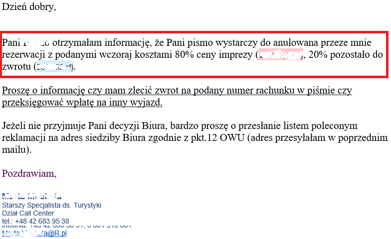 fragment maila biura podróży rainbow tours do klienta z informacją, że pismo klienta wystarczy do anulowania rezerwacji i że nie jest potrzebna akceptacja kosztów będący ilustracją wpisu blogowego dotyczącego możliwości odstąpienia od umowy z touroperatorem
