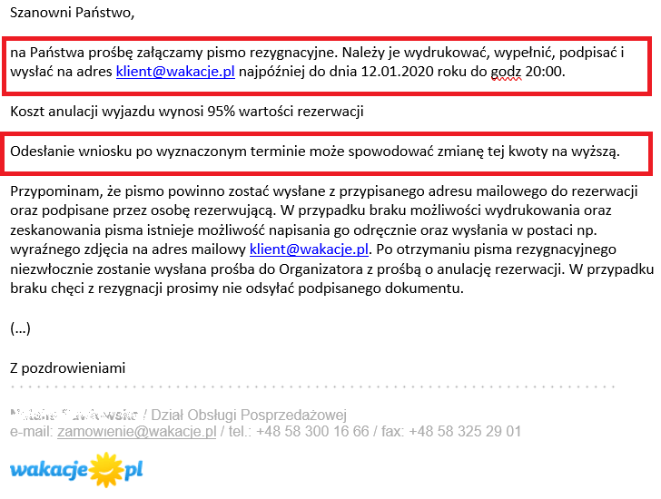 fragment maila od wakacje.pl do klienta na temat możliwości rezygnacji z wycieczki pod warunkiem zaakceptowania wysokich kosztów anulacji będący ilustracją wpisu blogowego dotyczącego możliwości odstąpienia od umowy z touroperatorem