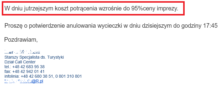 fragment maila od biura podróży rainbow tours do klienta na wzrostu kosztów rezygnacji z wycieczki do 95 procent będący ilustracją wpisu blogowego dotyczącego możliwości odstąpienia od umowy z touroperatorem