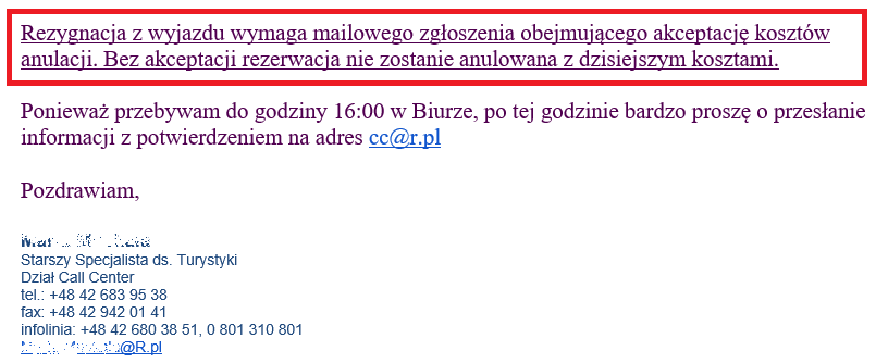 fragment informacji mailowej biura podróży rainbow tours do klienta na temat możliwości rezygnacji z wycieczki pod warunkiem zaakceptowania kosztów anulacji będący ilustracją wpisu blogowego dotyczącego możliwości odstąpienia od umowy z touroperatorem