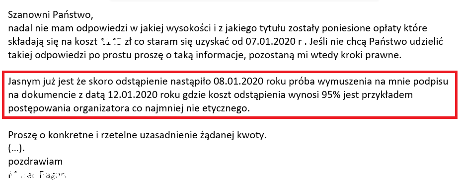 fragment maila do wakacje.pl od klienta na temat wymuszenia przez wakacje.pl akceptacji wysokich kosztów anulacji będący ilustracją wpisu blogowego dotyczącego możliwości odstąpienia od umowy z touroperatorem