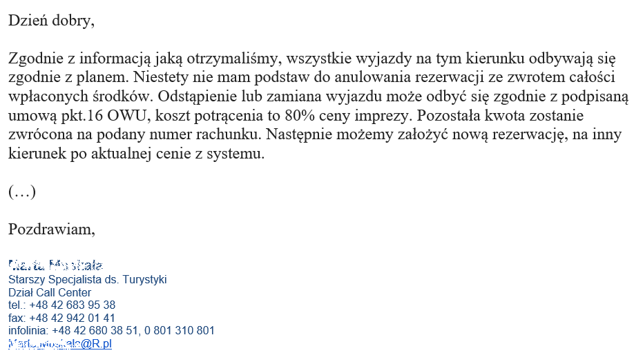 fragment odpowiedzi biura podróży rainbow tours do klienta będący ilustracją wpisu blogowego dotyczącego możliwości odstąpienia od umowy z touroperatorem