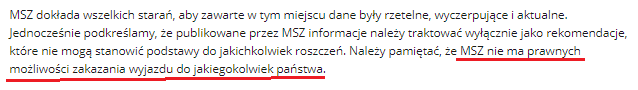fragment informacji ministerstwa spraw zagranicznych dotyczący tego że msz nie ma prawnych możliwości zakazania wyjazdu do jakiegokolwiek państwa