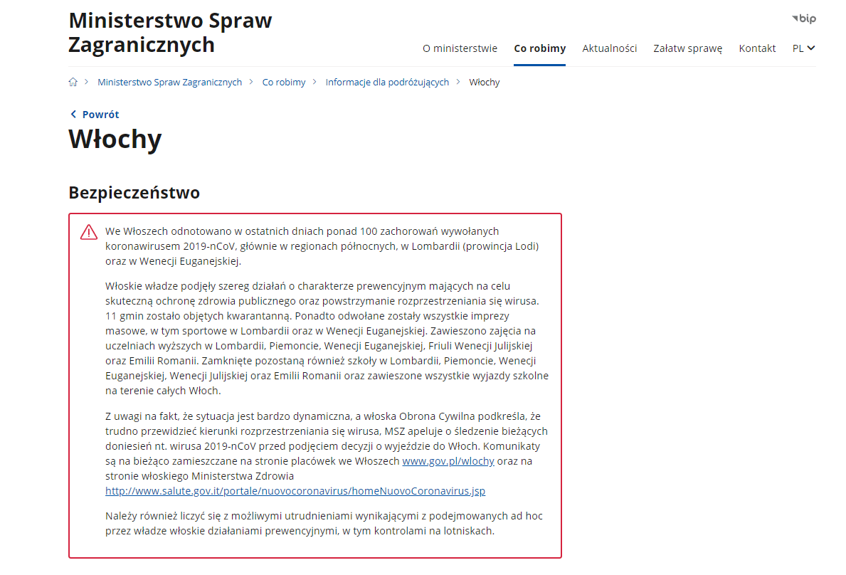 fragment ostrzeżenia MSZ na temat rozprzestrzeniania się koronawirusa we włoszech oraz zaleceń ministerstwa