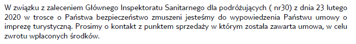 fragment informacji przekazywanej przez biuro podróży TUI swoim klientom w związku z zaleceniem Głównego Inspektoratu Sanitarnego oraz wypowiedzenie umowy o imprezę turystyczną