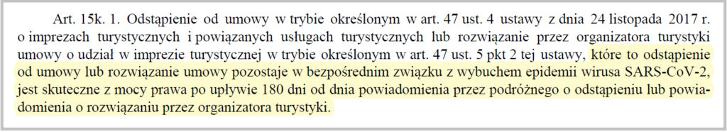 fragment artykułu 15 k specustawy dotyczącej turystyki mówiący o terminie 180 dni od dnia powiadomienia przez podróżnego o odstąpieniu