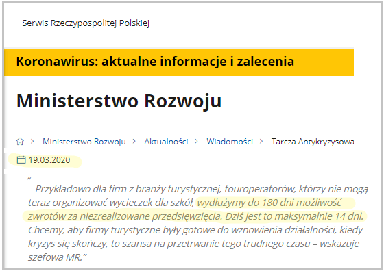 fragment informacji ministerstwa rozwoju na temat terminu zwrotu opłat za niezrealizowaną wycieczkę z biurem podróży