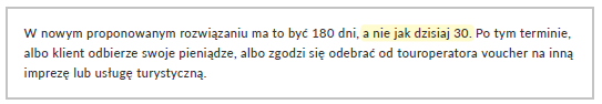 Fragment artykułu prasowego w dzienniku Rzeczpospolita zawierający błędną informację o terminie zwrotu środków wpłaconych przez klientów biur podróży