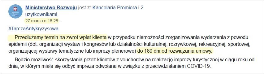 fragment komunikatu ministerstwa rozwoju dotyczący przedłużenia terminu zwrotu środków wpłaconych przez klientów biur podróży do 180 dni od rozwiązania umowy
