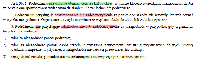 fragment zapisu ustawy o imprezach turystycznych i powiązanych usługach turystycznych artykuł 50 który mówi o przysługujących podróżnemu prawach z zaznaczonymi najważniejszymi zapisami