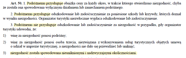 fragment zapisu ustawy o imprezach turystycznych i powiązanych usługach turystycznych artykuł 50 który mówi o przysługujących podróżnemu prawach