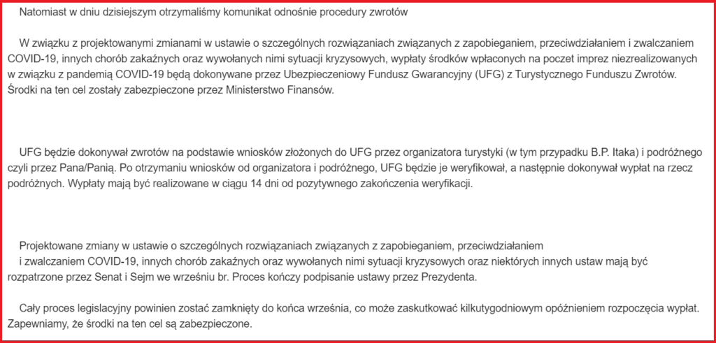 fragment informacji jaką dostaja klienci biura podrózy itaka w sprawie procedury zwrotów za opłacone wczasy