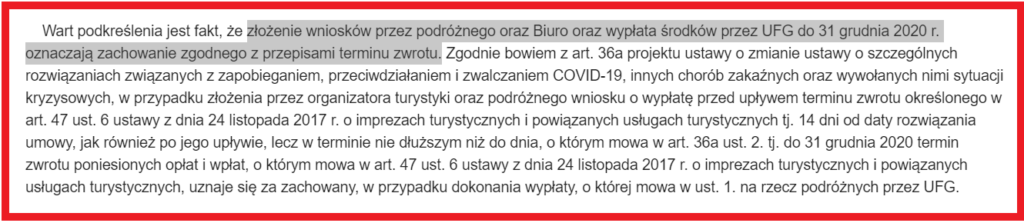 fragment informacji jaką otrzymują klienci biura podróży itaka w sprawie procedury zwrotów za opłacone wczasy i powołującą się na ubezpieczeniowy fundusz gwarancyjny