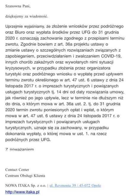 fragment pisma jakie biuro podróży Itaka wysyła do swoich klientów informując o skutkach złożenia wniosku przez podróżnego do UFG