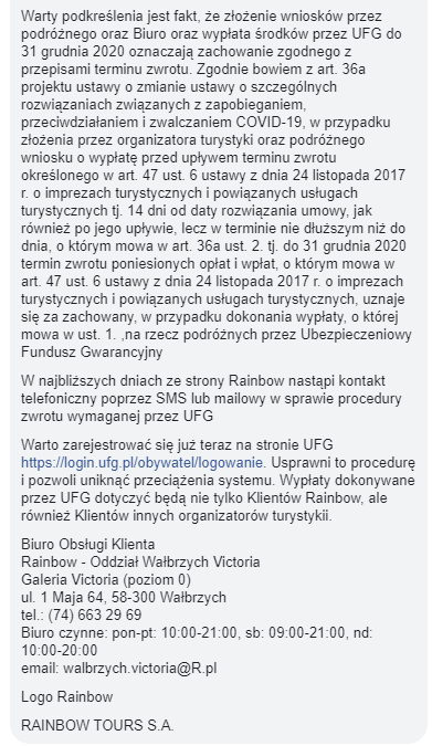 fragment pisma biura podróży rainbow tours wysyłanego do klientów w związku z wejściem w życie specustawy tak zwanej mikrotarczy dla turystyki