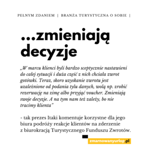 plansza z cytatem Piotra Henicza z biura podróży Itaka na temat voucherów jako alternatywy wobec procedury odzyskiwania pieniędzy przez UFG