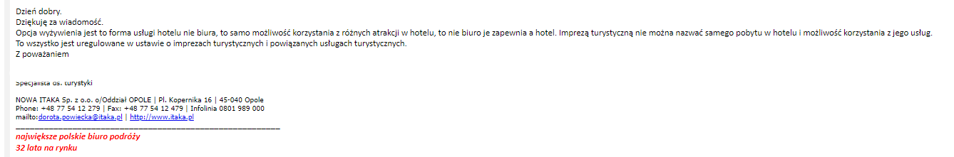 fragment korespondencji z biurem podrózy itaka