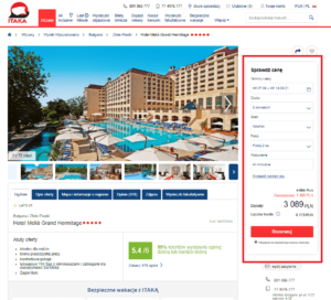 zrzut ekranu strony biura podróży Itaka ze szczegółami oferty wycieczki samolotem