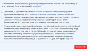 zrzut ekranu pokazujacy oświadczenia jakie musi zaakceptować klient biura podrózy itaka zanim dokona rezerwacji