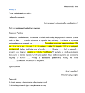 wzór reklamacji usługi turystycznej przygotowany przez uokik wersja b
