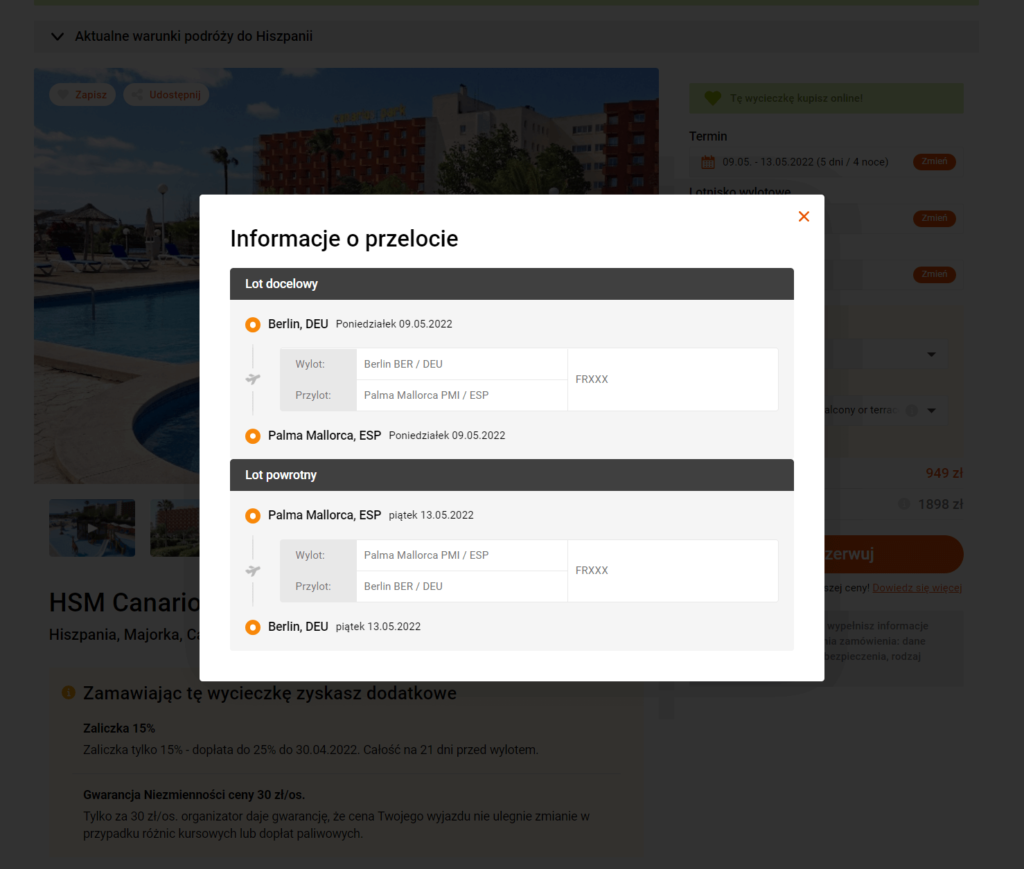 zrzut z ekranu dowodzący brak informacji o konkretnych godzinach lotów z lotniska w berlinie na lotnisko palma de mallorca