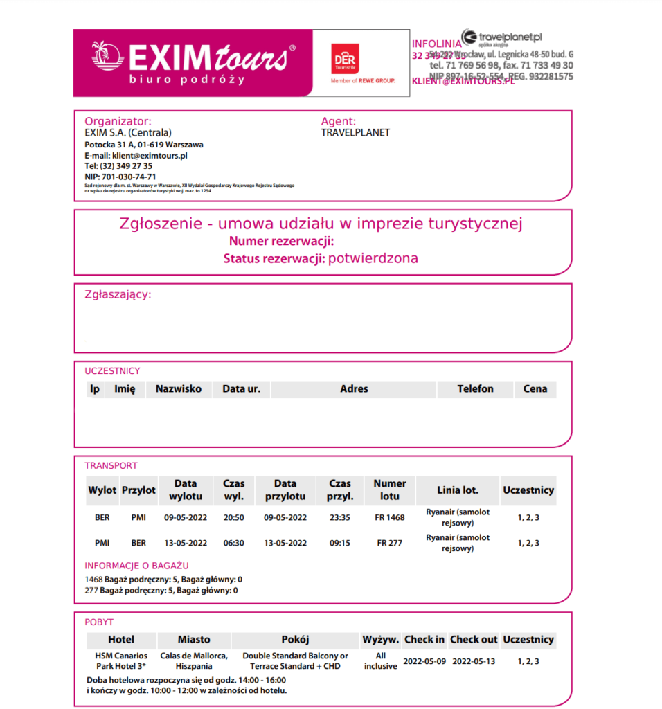 fragment zgłoszenia umowy z biurem podróży exim tours wskazująca potwierdzoną rezerwację udziału w imprezie turystycznej