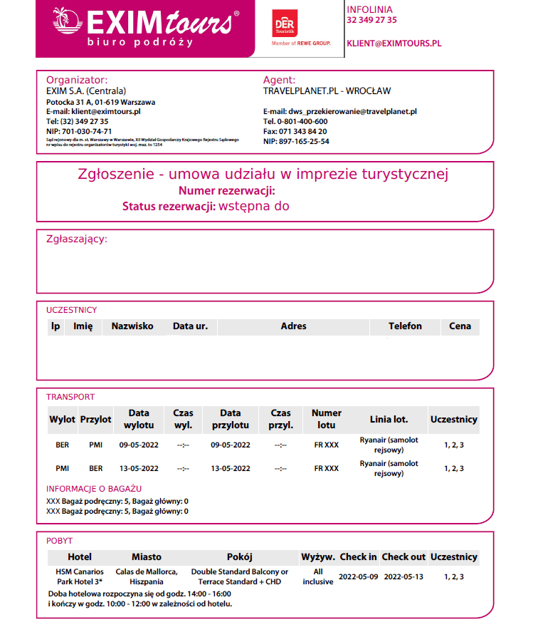 fragment zgłoszenia umowy z biurem podróży exim tours wskazująca wstępną rezerwację udziału w imprezie turystycznej
